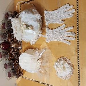 Vintage, Handmade, 4 Pc. Flower Girl Set. Hat, Gloves, Basket, Pillow